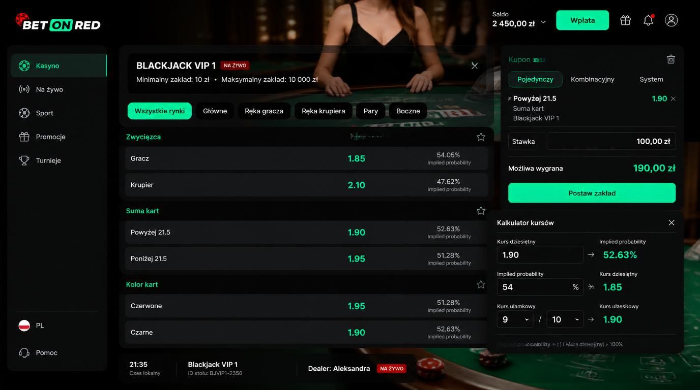 Widoczne kursy, probabilistyka i opcje rynku w Live Casino