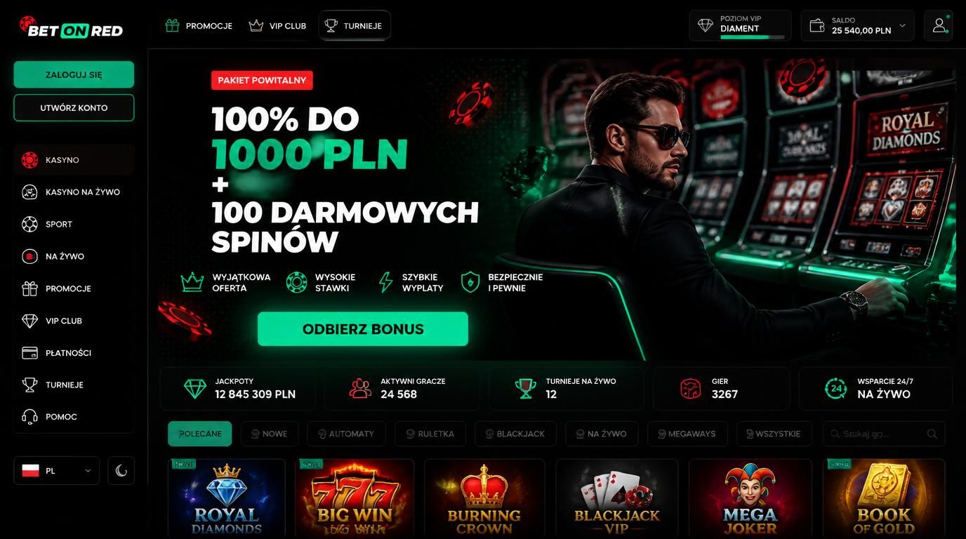Przy kasynie cyfrowym widoczny banner z ofertą powitalną „100% do 1000 PLN + 100 darmowych spinów” i gracz wysokich stawek