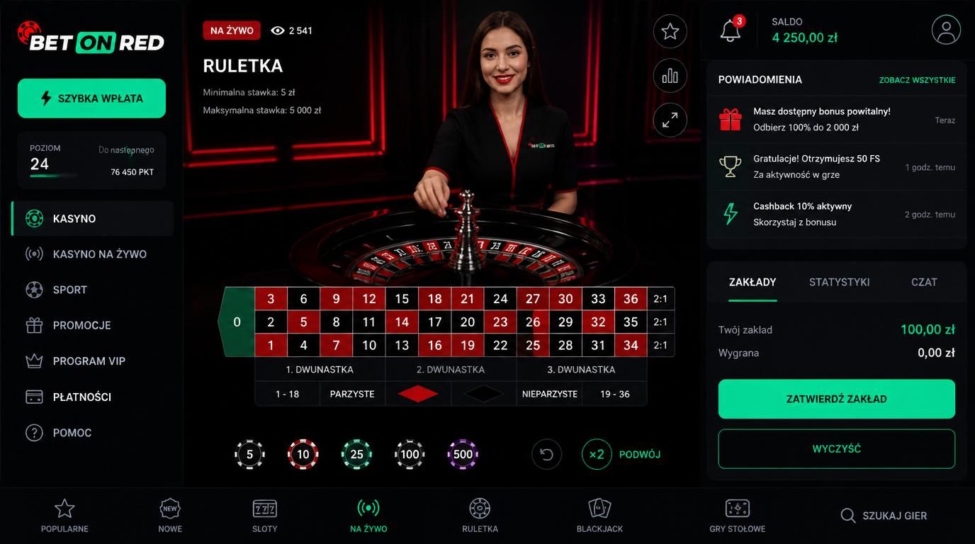 Dealer ruletki, ekran logowania odciskiem palca, powiadomienie push na ekranie telefonu