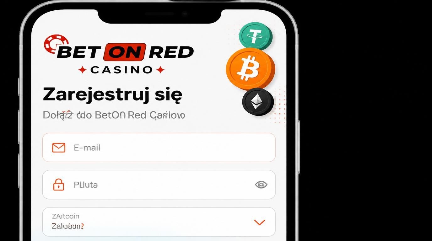 Mobilna rejestracja BetOnRed Casino: e-mail, hasło i wybór waluty na ekranie smartfona